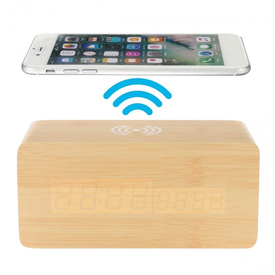 3 in 1 Wireless Charger & LED Digital Alarm Clock & Thermometer Modern Wooden