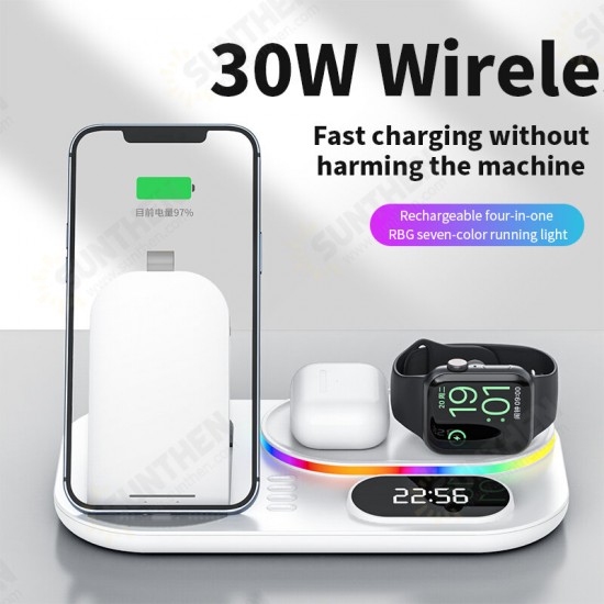 4in1 30W 15W 5W Wireless Charger Fast Charging Holder with Clock RBG Night Light for Qi-enabled SmartPhone iPhone13 Xiaomi Apple Watch TWS Earphone