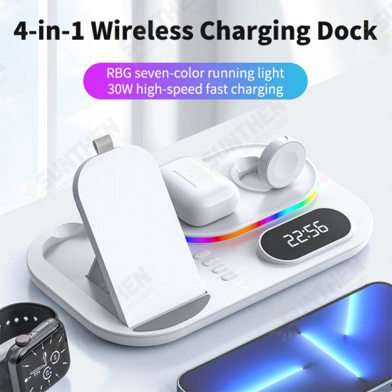 4in1 30W 15W 5W Wireless Charger Fast Charging Holder with Clock RBG Night Light for Qi-enabled SmartPhone iPhone13 Xiaomi Apple Watch TWS Earphone