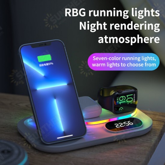 4in1 30W 15W 5W Wireless Charger Fast Charging Holder with Clock RBG Night Light for Qi-enabled SmartPhone iPhone13 Xiaomi Apple Watch TWS Earphone