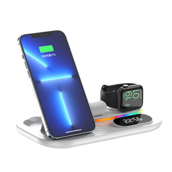 4in1 30W 15W 5W Wireless Charger Fast Charging Holder with Clock RBG Night Light for Qi-enabled SmartPhone iPhone13 Xiaomi Apple Watch TWS Earphone