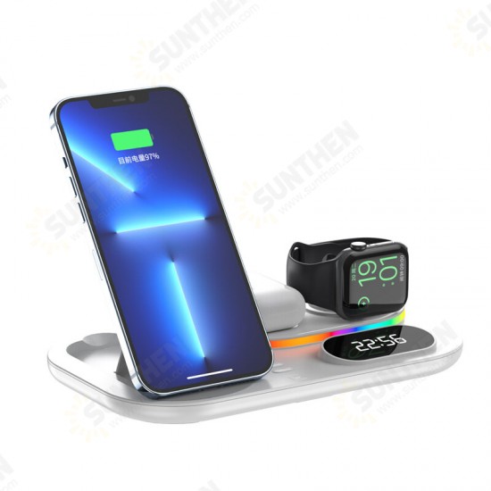 4in1 30W 15W 5W Wireless Charger Fast Charging Holder with Clock RBG Night Light for Qi-enabled SmartPhone iPhone13 Xiaomi Apple Watch TWS Earphone