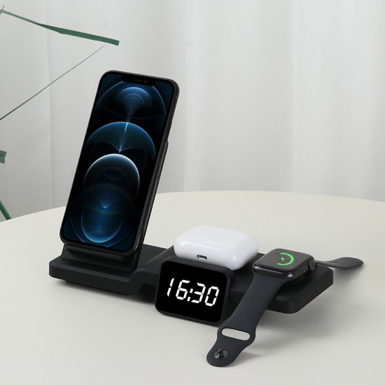 4in1 10W 7.5W 5W Wireless Charging Vertical Stand With Clock Charger Fast Charging Holder For iPhone Samsung Note 20 Ultra Apple Watches AirPods Pro