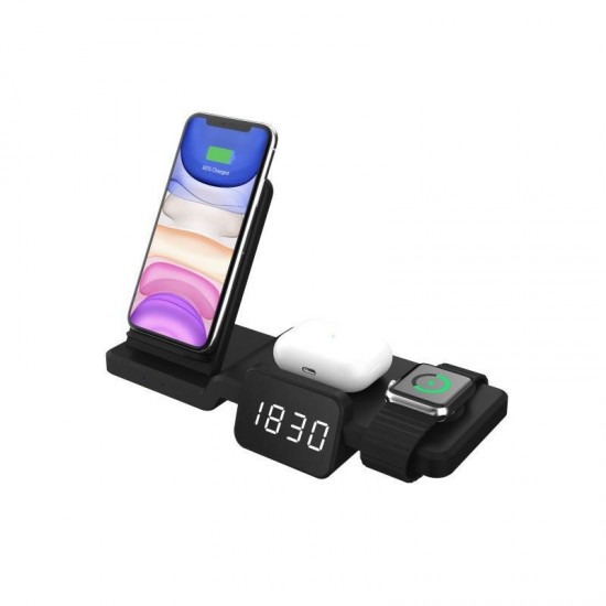 4in1 10W 7.5W 5W Wireless Charging Vertical Stand With Clock Charger Fast Charging Holder For iPhone Samsung Note 20 Ultra Apple Watches AirPods Pro