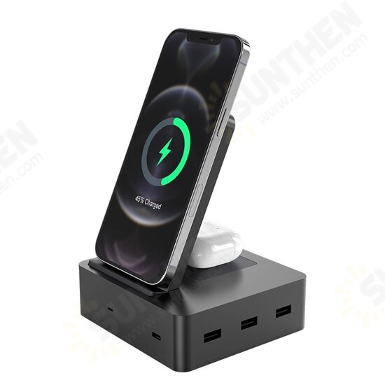 6in1 15W Wireless Charger+Earbuds Wireless Charger+3*USB-A+1*Type-C Ports Stand Docking Station for iPhone 12 Samsung Huawei Mate40 OnePlus 8 Pro