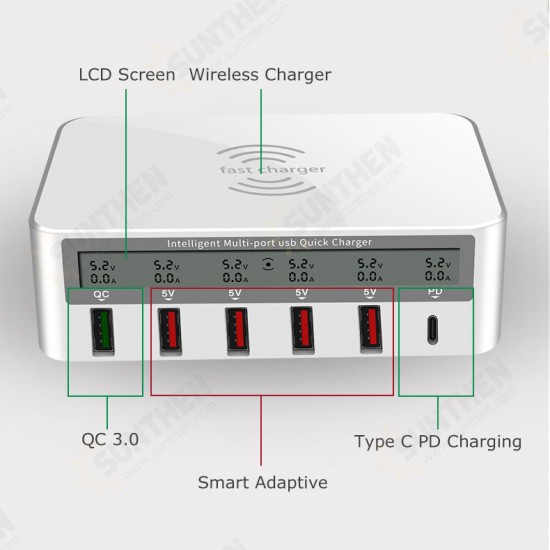 818PF 6 in 1 100W QC3.0+PD18W Smart Desktop Fast Charging Wireless Charger for iPhone 12 12 Pro Max OnePlus 8 Pro for Samsung Galaxy S21 Ultra