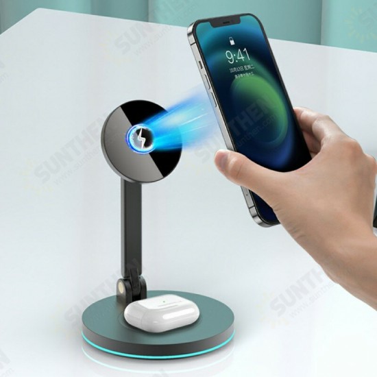 Y21 2in1 15W Foldable Magnetic Wireless Charger Fast Charging Stand Holder for iPhone12 Airpod Samsung Galaxy S21/S20 Huawei Mate40 P50 OnePlus 9Pro