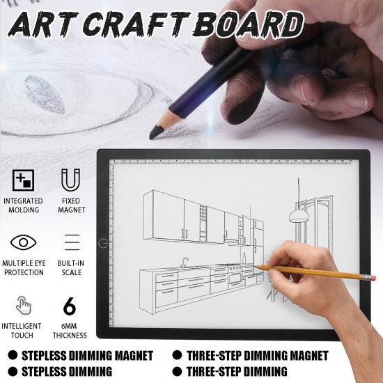 A4 Size USB 3-Stage Dimming Intelligent Touch with Scale LED Illuminated Tracing Light Box Copy Drawing Board Pad Table