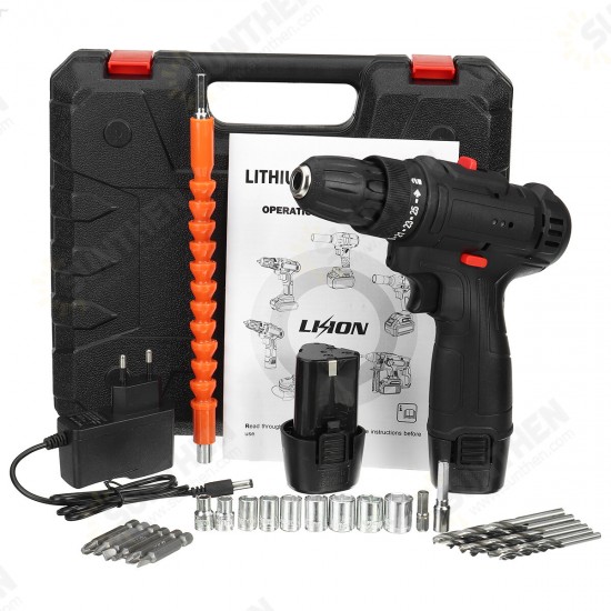 12V LED Cordless Electric Impact Hammer Drill Rechargeable Screwdriver W/ 2pcs Battery