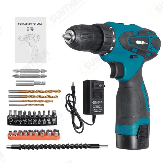 16.8V Cordless Electric Drill Driver 23+1 Torque Multifuntional Screwdriver Power Tool W/ Battery & Drill Bits Set