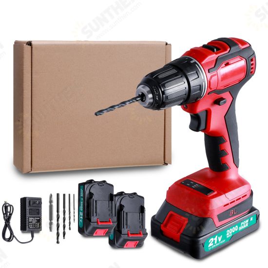 2000mAh 21+1N.M LED Cordless Electric Drill 2 Speeds Impact Drill W/ None/1pc/2pcs Battery