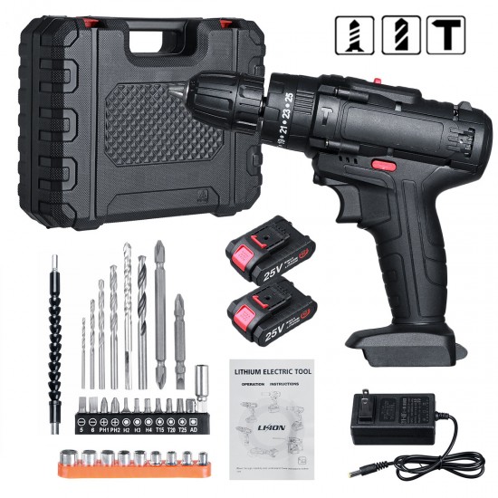 25V Cordless Electric Drill Bits Screwdriver Kit Handheld Power Tool + Battery