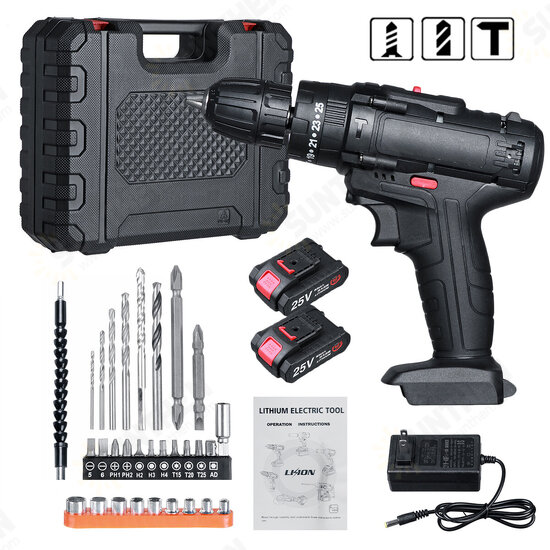 25V Cordless Electric Drill Bits Screwdriver Kit Handheld Power Tool + Battery