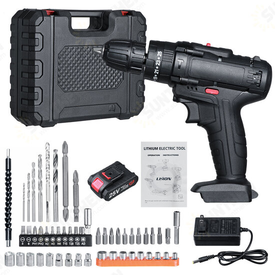 25V Cordless Electric Drill Bits Screwdriver Kit Handheld Power Tool + Battery