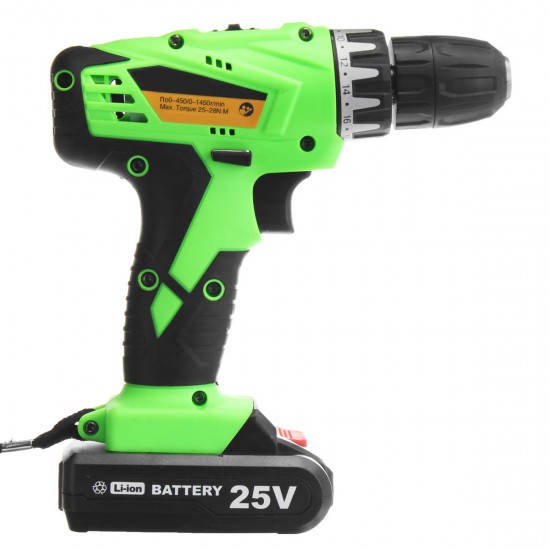 25V Cordless Power Drill 2 Lithium-Ion Battery Rechargeable Electric Screwdriver Kit