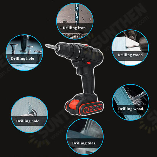 36V Cordless Electric Drill Speed Adjustable with Two Lithium Rechargeable Battery 2 Speed Adjustment Brushless Drill Screwdriver