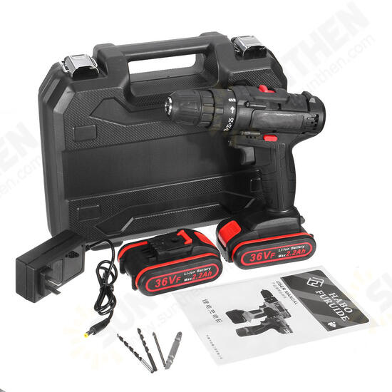 36V Cordless Electric Drill Speed Adjustable with Two Lithium Rechargeable Battery 2 Speed Adjustment Brushless Drill Screwdriver