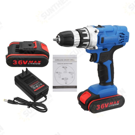 36V Cordless Power Drill Set Double Speed Electric Screwdriver Drill Power Display W/ 1 or 2 Li-Ion Battery