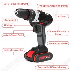 36VF 25+3 Speed Cordless Electric Power Impact Drill Torque Adjustable with 3 Battery 36VF 25+3 Speed Cordless Electric Power Impact Drill Torque Adjustable with 3 Battery