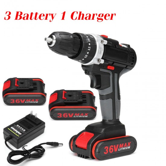 36VF 25+3 Speed Cordless Electric Power Impact Drill Torque Adjustable with 3 Battery