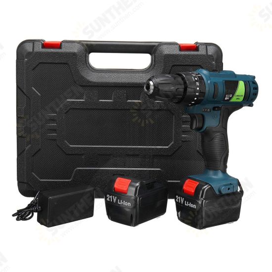 Adjustable 21V Rechargeable Cordless Power Impact Drill Electric Screwdriver with 2 Li-ion Battery