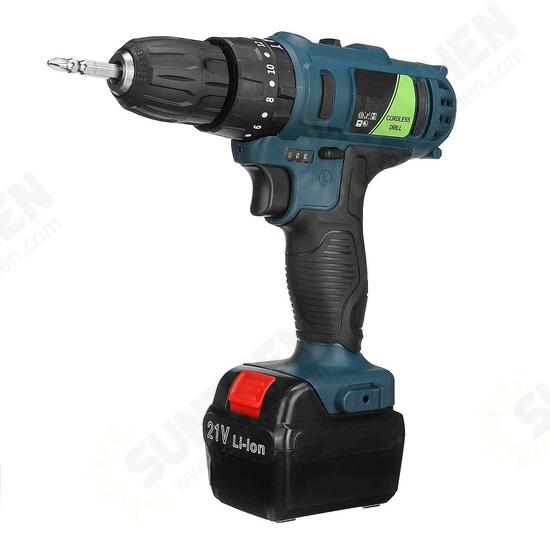 Adjustable 21V Rechargeable Cordless Power Impact Drill Electric Screwdriver with 2 Li-ion Battery