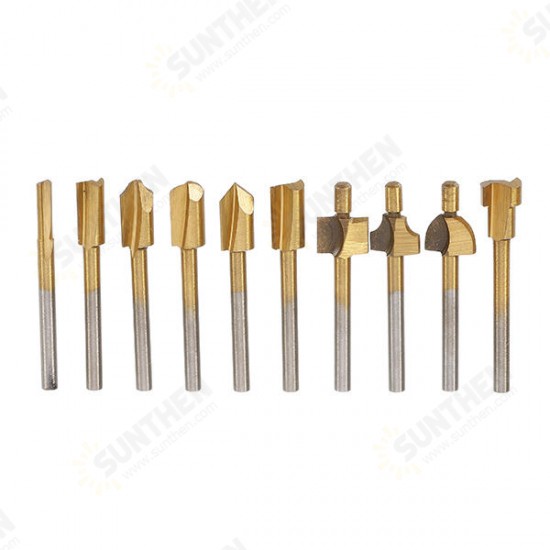 10Pcs 3mm Titanium Coated HSS Router Bit Set 3mm Shank Burr Rotary File Wood Milling Cutter Tool