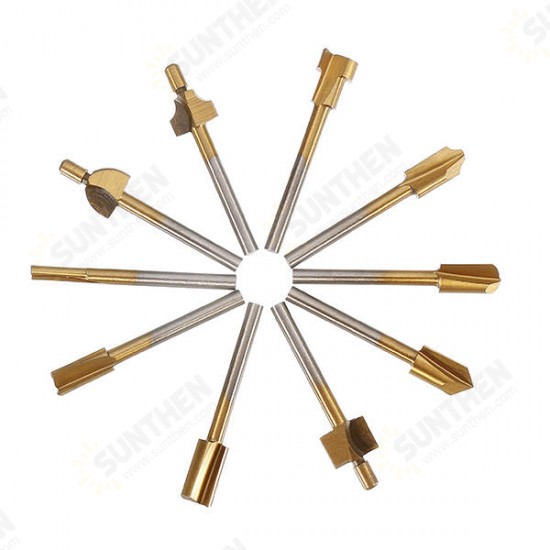 10Pcs 3mm Titanium Coated HSS Router Bit Set 3mm Shank Burr Rotary File Wood Milling Cutter Tool