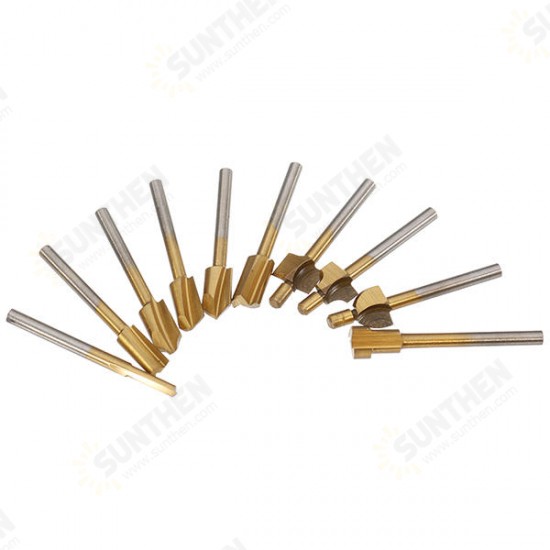 10Pcs 3mm Titanium Coated HSS Router Bit Set 3mm Shank Burr Rotary File Wood Milling Cutter Tool