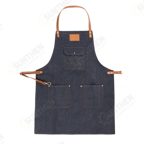 Denim Bib Apron Leather Strap Barista Baker Work Uniform Bartender BBQ Chef Cook Woodworking Apron Denim Bib Apron Leather Strap Barista Baker Work Uniform Bartender BBQ Chef Cook Woodworking Apron