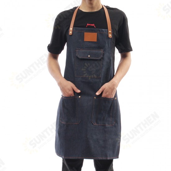 Denim Bib Apron Leather Strap Barista Baker Work Uniform Bartender BBQ Chef Cook Woodworking Apron Denim Bib Apron Leather Strap Barista Baker Work Uniform Bartender BBQ Chef Cook Woodworking Apron