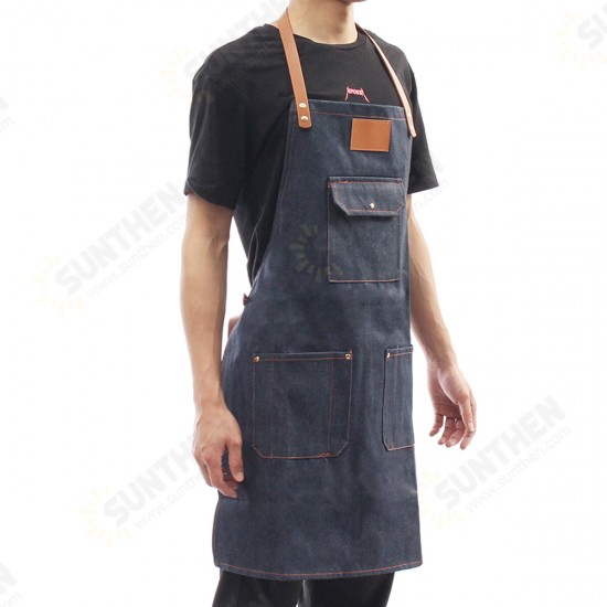 Denim Bib Apron Leather Strap Barista Baker Work Uniform Bartender BBQ Chef Cook Woodworking Apron Denim Bib Apron Leather Strap Barista Baker Work Uniform Bartender BBQ Chef Cook Woodworking Apron