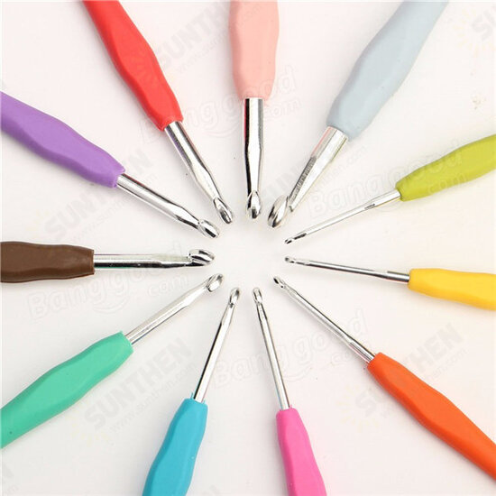 11pcs Multicolor Soft Plastic Handle Aluminum Weave Crochet Hooks Knitting Needles