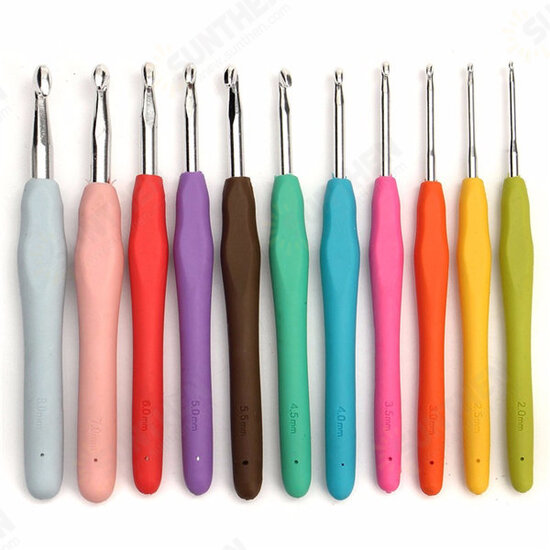 11pcs Multicolor Soft Plastic Handle Aluminum Weave Crochet Hooks Knitting Needles