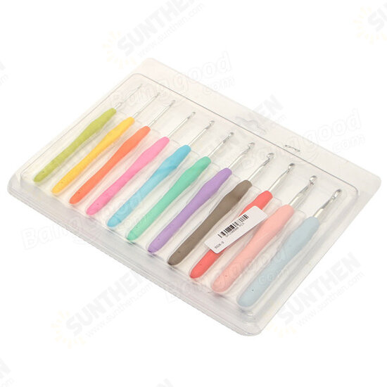 11pcs Multicolor Soft Plastic Handle Aluminum Weave Crochet Hooks Knitting Needles