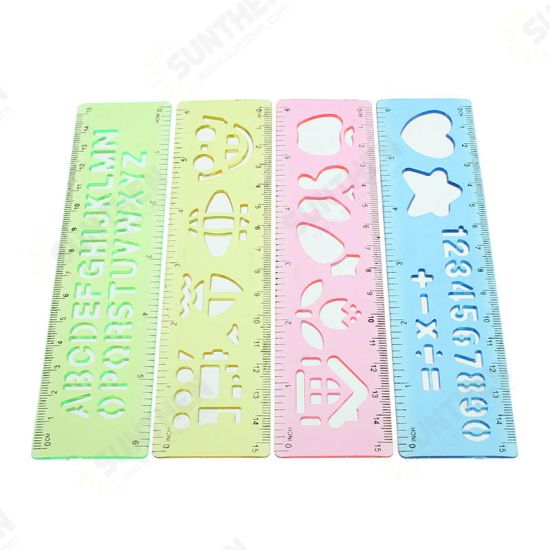 4Pcs Candy Color Cute Art Graphics Symbols Drawing Template Ruler 15CM