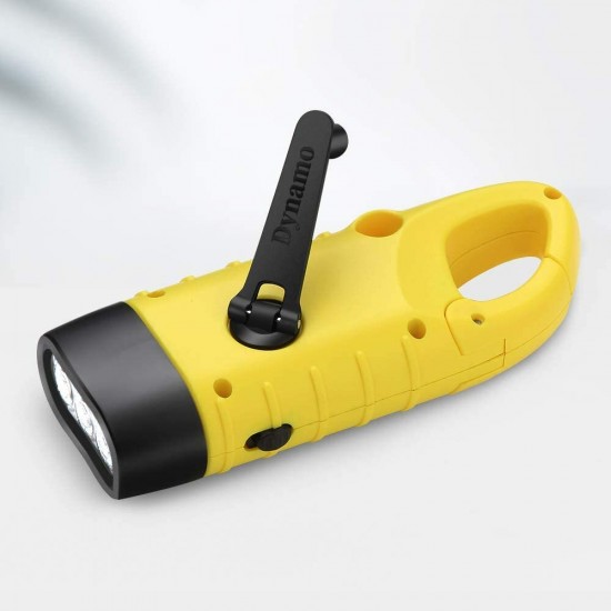 2Pcs Yellow Hand Crank Flashlight Solar Powered Emergency Torch Rechargeable Dynamo with Quick Snap Clip for Kids Hurricane Storm Backpacking Trip Camping Outdoor Hiking