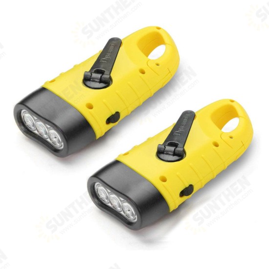 2Pcs Yellow Hand Crank Flashlight Solar Powered Emergency Torch Rechargeable Dynamo with Quick Snap Clip for Kids Hurricane Storm Backpacking Trip Camping Outdoor Hiking