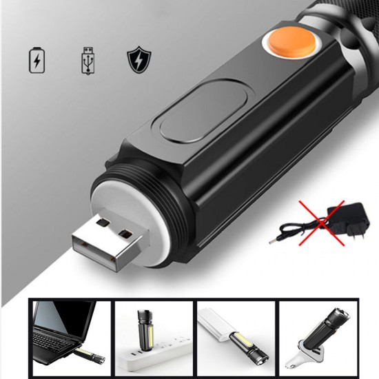 800LM T6+COB Zoomable Multifunction LED Flashlight with Magnet Handy＆18650 Li-Battery USB Rechargeable Work Light Pocket Lamp