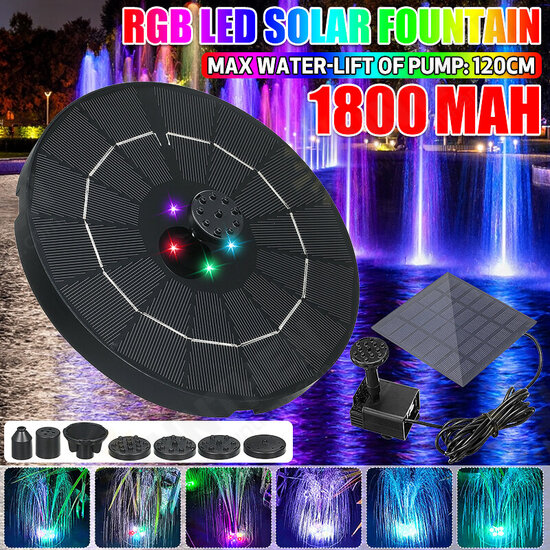 RGB LED Solar Powered Fountain Pump W/ 6 Nozzles Water Pump Night Floating Garden