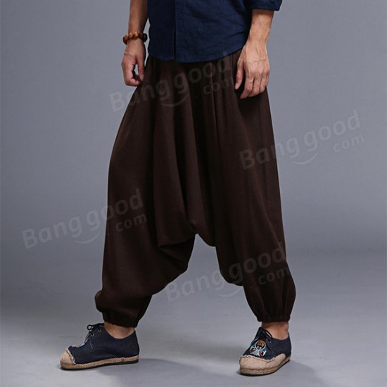 Men Yoga Loose Drop Crotch Pants Male Casual Harem Pants Elastic Cotton Linen Bloomers Trousers