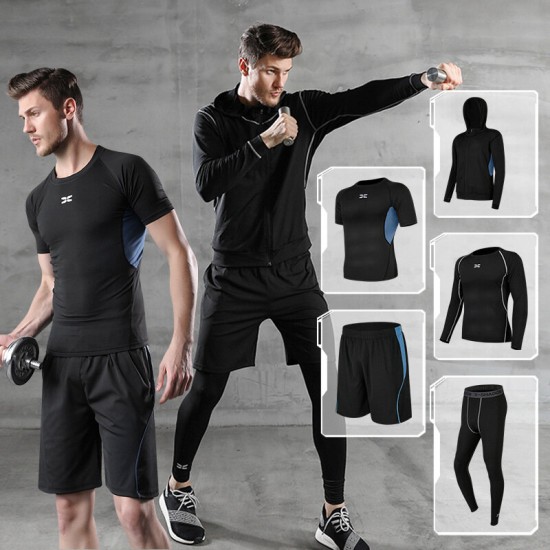 5PCS Men Sportswear Hoodie O-neck Sports Suit Elastic Tracksuit Sport Clothing Jogging Fitness Gym Running Sets
