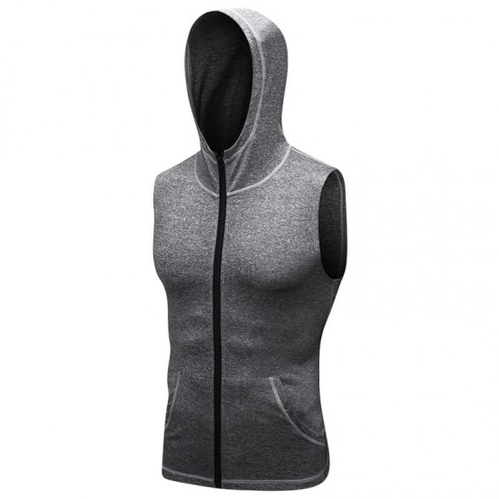Mens Hooded Sleeveless Running Jackets Boy Sports Vest With Pocket Zip Fitness Gym Quick Dry Workout Tops Wear