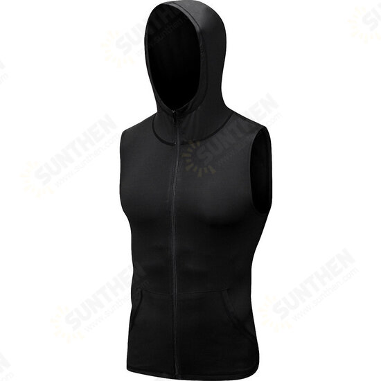 Mens Hooded Sleeveless Running Jackets Boy Sports Vest With Pocket Zip Fitness Gym Quick Dry Workout Tops Wear