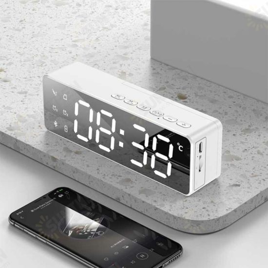 B119 bluetooth 5.0 Speaker Alarm Clock Multiple Play Modes LED Mirror Speaker with FM Function 360° Surround Stereo Sound Real-time Temperature Display 2800mAh