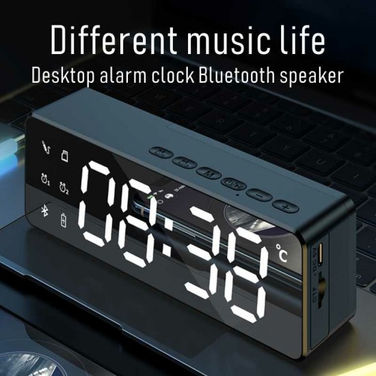 B119 bluetooth 5.0 Speaker Alarm Clock Multiple Play Modes LED Mirror Speaker with FM Function 360° Surround Stereo Sound Real-time Temperature Display 2800mAh