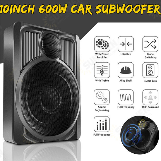 10inch Car Subwoofer Speaker 600W 12V 360° Stereo Super Bass Active Subwoofer Ultra-thin Body Under Seat Power Amplifier