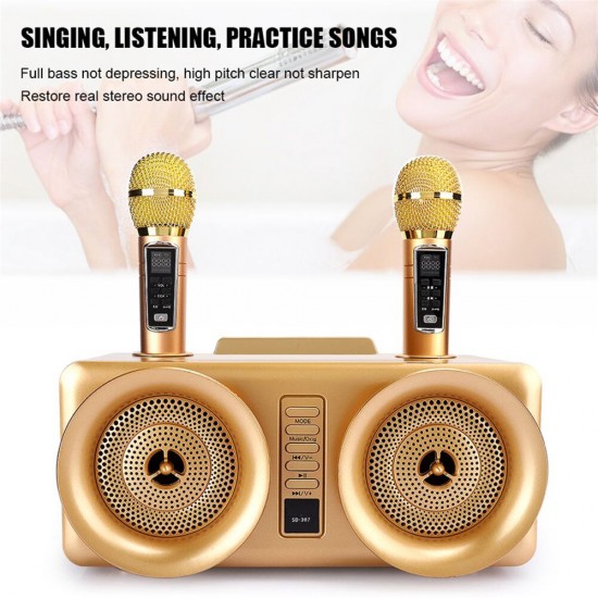 SD-307 Wireless bluetooth Speaker 30W Dual Drivers Stereo TF Card AUX-In 1800mAh Luminous Home Karaoke Portable Family Soundbar with Dual Wireless Microphones