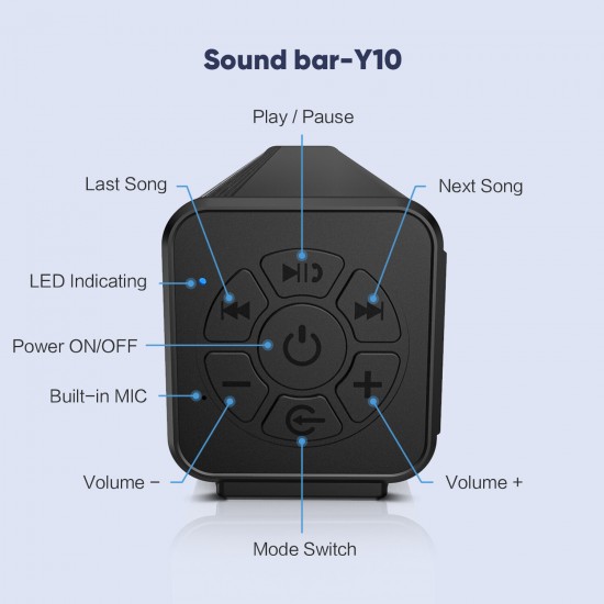 Y10 bluetooth Soundbar HIFI Stereo Subwoofer 52MM Driver 20W Speaker 2000mAh TF Card AUX-In Remote Control Soundbox with Mic for Smart Phones TV Computer PC Tablets