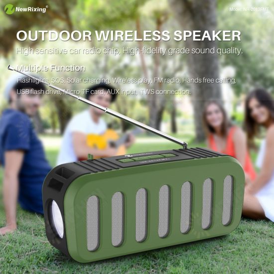 NR-2013FMT Wireless bluetooth Speaker Stereo 6W FM Radio TF Card AUX-In Soundbar Solar Charging Flashlight Portable Outdoor Soundbox with Mic